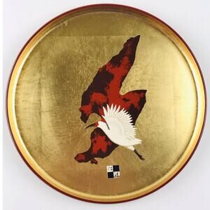 VINTAGE Plastic Enamel ASIAN Red Black Gold Bird Plate Rimmed JAPAN 8.5" Painted